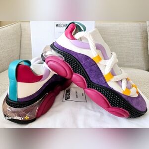 NWT MOSCHINO Teddy Purple Suede Logo Pink Sneakers Size:44/11 Made In Italy